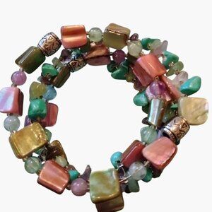 Shell Turquoise Bead Wrap Bracelet Beaded Adjustable Colorful Beachy Coastal
